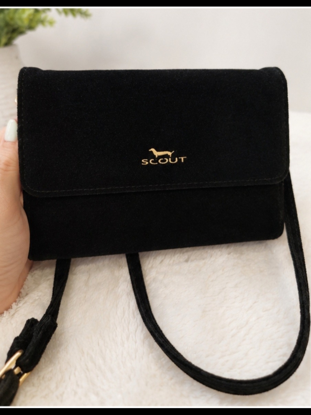 Scout Black Suede Crossbody Wallet with Gold Hardware
